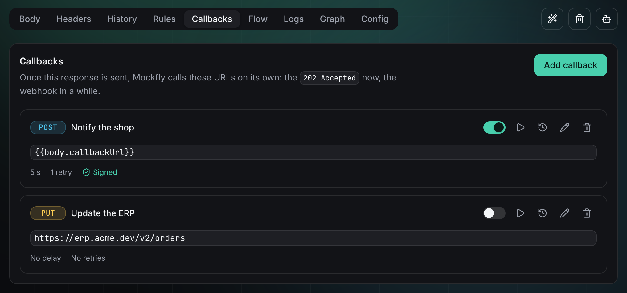 outgoing webhooks configured on a mock response